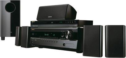 Onkyo HT-BD3315 sort hjemmebiograf-system, Blu-ray receiver, centerhøjttaler, 4 satellithøjttalere, subwoofer