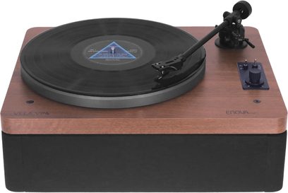 Gramofon Enova HIFI VELA VP4, podstavec z hnědého dřeva, černý talíř s deskou, rameno a ovládací prvky vpravo, pohled zepředu