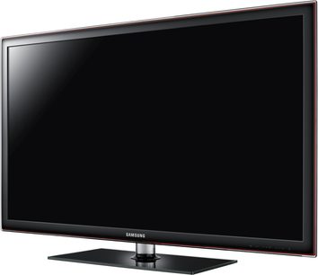 Samsung UE32D5700 sort fladskærms-TV, set forfra, slukket, placeret på en sort holder