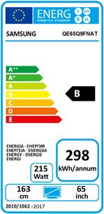 Energie štítek televizoru Samsung QE65Q9FNAT, energetická třída B, spotřeba 298 kWh/rok, úhlopříčka 65 palců