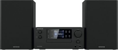Černý hi-fi minivěžový systém Kenwood M-9500S s centrální jednotkou s barevným displejem a dvěma odpovídajícími reproduktory