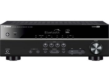 Yamaha RX-V383 Schwarz Heimkino-Verstärker, Frontansicht, blaue LED-Anzeige, silberfarbene Bedienknöpfe und -Regler