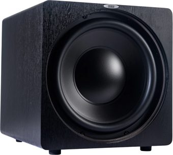 Velodyne Deep Blue 15 sort baskabin, set forfra, sort rund højttaler i mørkt træhus