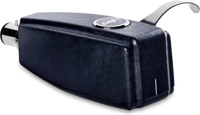 Ortofon SPU GTX E yüksek kaliteli plak çalar hücresi, dokulu siyah kasa, perspektif görünüm, arka metal konnektör, eğri kol