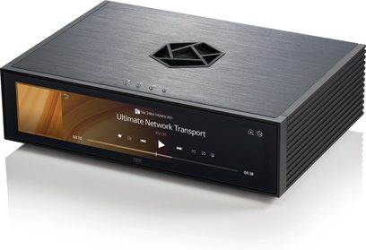 Síťový audio přehrávač Rose RS130 v černé barvě, pohled zepředu z mírného nadhledu, displej, ovládací tlačítka, diamantový logo na krytu