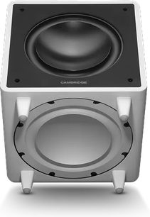 Subwoofer Cambridge Audio MSX Sub 300 wit, schuine weergave met zwarte bovenluidspreker en cirkelvormige voorzijde