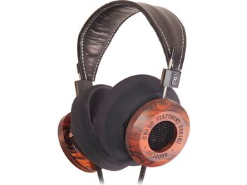 Grado GS3000x åpne kablede hifi-hodetelefoner, brune trekåper med gitter, svarte skumputer, lærhovedband, skrå vinkel