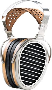 Åbent hi-fi hovedsæt Hifiman HE1000 V2 i sølvfarvet metal og træ, set fra venstre profil, der viser hovedbøjlen og venstre ørekop