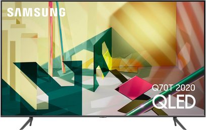 Samsung QLED QE85Q70T 2020 TV, abstrakt farverig skærm, smal sort ramme, skrå metalfødder