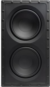 Сабвуфер DCS-208IW3 для вбудовування з двома круглими чорними динаміками, прямокутною рамкою та видимими кріпленнями по периметру