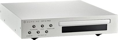 Nuprime CDT-8 Pro sidabrinės spalvos CD grotuvas, priekinė dalis su valdymo mygtukais, CD skyreliu ir skaitmeniniu ekranu