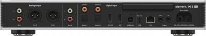 Lecteur réseau Matrix Audio Element X2 Pure noir et aluminium brossé, vue arrière, affichant sorties analogiques RCA et XLR, multiples entrées numériques HDMI coaxiales optiques USB et port LAN, prises trigger, borne IEC d’alimentation