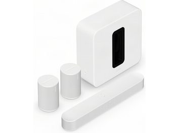Sonos Beam Gen 2 komplektas su dviem Era 100 SL kolonėlėmis ir baltu Sub Gen 4 žemųjų dažnių garsiakalbiu