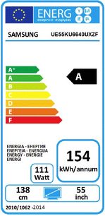 Etykieta energetyczna telewizora Samsung UE55KU6640UXZF, klasa energetyczna A, zużycie energii 154 kWh/rok, skala od A do F