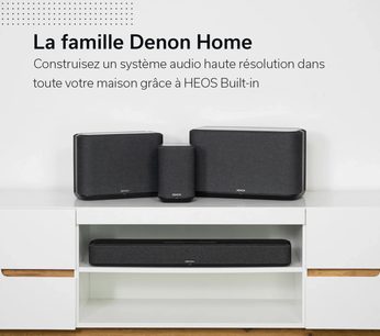 Denon Home 550 svart soundbar, framifrån och ovanifrån, bestående av 3 rektangulära högtalare på en vit träbylga