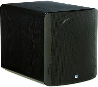 SVS PB-12 Plus subwoofer i sort ask set forfra, sort træfinish, sort perforeret gitter, sølvfarvet logo