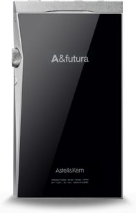 Audiofil Astell&Kern SE180 musikafspiller, set forfra, slukket skærm, blank sort og mat sølvfarvet finish