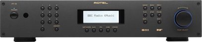 Rotel RT-12 netværksaudioafspiller i sort set forfra, LCD-display, knapper og tilslutninger