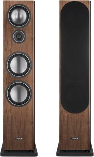 Canton Townus 100 walnut floorstanding speakers, front view, one with black grille, one with three aluminum drivers and central tweeter