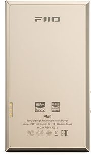 FiiO M21 titanium audiophile player, rectangular titanium case in matte champagne finish with chamfered edges, two Hi-Res Audio logos and vertical gold-plated contacts on the left side, rear view