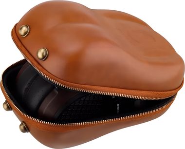 Sendy Audio Aiva 2 hi-fi headphones folded in a brown faux leather zippered hard case, three-quarter view