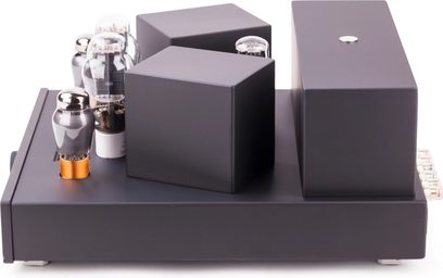 Amplificatore a valvole Feliks Audio Arioso 300B nero opaco, vista dall'alto, con valvole a vista e grandi blocchi rettangolari