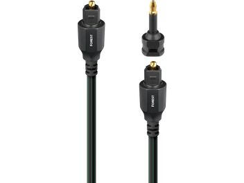Primo piano frontale dei due connettori Toslink e dell'adattatore mini-Toslink del cavo Audioquest Forest ottico da 8 m, con guaina in plastica nera striata di verde, corpo nero e terminali ottici dorati