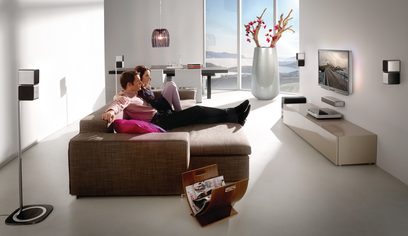 Moderne stue med brun sofa, par sidder og ser fjernsyn, sølvfarvet designervase, glasvægge med udsigt over landskab