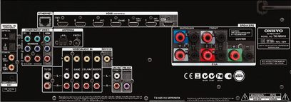 Onkyo TX-NR414 sort hjemmebiograf-forstærker, bagside, audio/video-tilslutninger, FM-antenne, højttalerterminaler og strømstik
