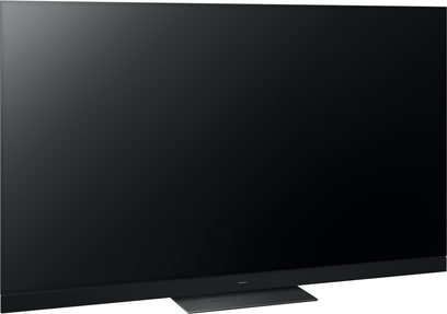Televizor Panasonic TV-77Z93AEG s vysokým rozlišením, černá obrazovka, mírně nakloněný pohled zepředu, centrální obdélníkový stojan