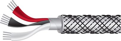 Cyfrowy kabel audio AES/EBU z czarno-srebrnym oplotem, wewnętrzne przewody w kolorach czerwonym, czarnym i białym, zakończenia odizolowane.