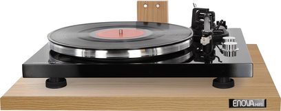 Gramofon Enova HIFI Turntable Wallmount v ořechovém provedení na dřevěném nástěnném držáku, s ramenem a černou vinylovou deskou
