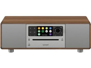 Radio da tavolo Sonoro Prestige in noce e metallo argentato, pannello frontale con display, pulsanti, altoparlanti