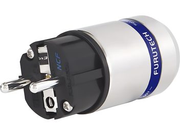 Napájací adaptér Furutech FI-E48 NCF R, strieborný kov a čierny plast, dve okrúhle kolíky, trojštvrťový pohľad