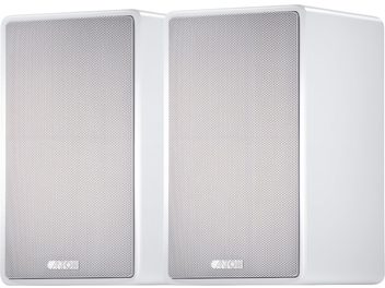Monitores autoamplificados Canton AM 5 blancos, frontal rectangular con rejilla metálica fina, vista frontal
