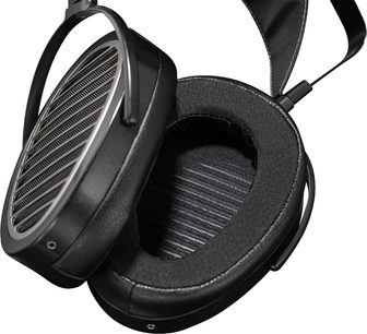 Åbent hi-fi hovedsæt Hifiman Edition X V2 sort, set fra venstre profil. Ovale ørepuder, metalrist, polstret hovedbøjle