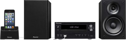 Hi-Fi mini systém Pioneer X-HM21-K černý, obsahuje dokovací stanici pro iPhone/iPod, CD přehrávač, dva reproduktory a dálkové ovládání