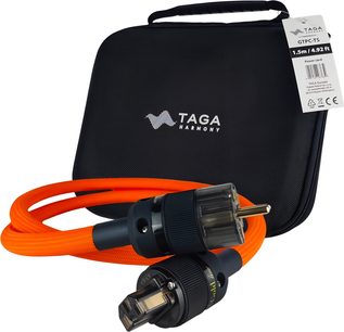 Taga Harmony GTPC-TS strømkabel, oransje flettet tekstilskjede, svart røykfarget plastkontakter, sort stivt etui
