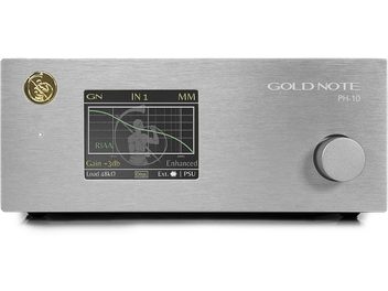 Gold Note PH-10 Silber Phono-Vorverstärker, Frontansicht, mit Drehknopf, Schalter, Display und Anschlüssen auf gebürstetem Aluminium-Frontblende
