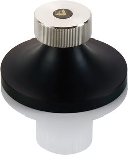Přítlačný talíř ClearAudio Twister Record Clamp černý, pohled shora a z boku, válcový tvar, široká základna, zúžená horní část