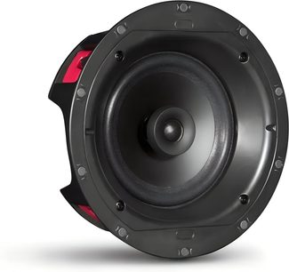 Boxă de tavan încastrată PSB CS605 neagră din plastic și metal, cadru circular și picioare roșii, vedere frontală