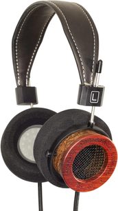 Ανοιχτά ακουστικά hi-fi Grado RS1x, πλευρική όψη, μαύρο δερμάτινο στήριγμα κεφαλής, μαύρα αφρώδη μαξιλαράκια, ξύλινη θήκη, μεταλλικό πλέγμα