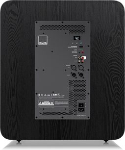 Caja de graves SVS PB-5000 R|Evolution parte trasera con puertos de audio, controles, carcasa negra con textura de madera