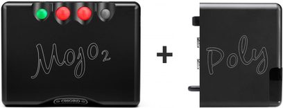 Convertisseur audio portable Chord Electronics Mojo 2 noir avec 4 boutons lumineux rouges et verts, connecté à un module Poly