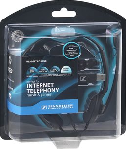 Sort Sennheiser PC 8 USB hovedtelefoner med kabel og fleksibelt stangmikrofon, i gennemsigtig plastikemballage
