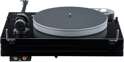 Music Hall MMF 9.3SE sort pladespiller, set oppefra, tonarm, drejetallerken, betjeningsknapper og tilslutninger på bagsiden