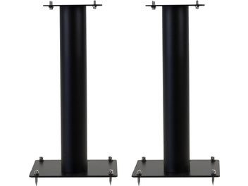 Twee Norstone Design Stylum 1 luidsprekerstandaards in zwart satijn, metalen buizen op vierkante sokkels
