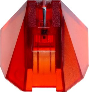 Diamant til Ortofon Stylus 2M red vinylplade, nærbillede forfra, gennemsigtig rød sekskantformet montering