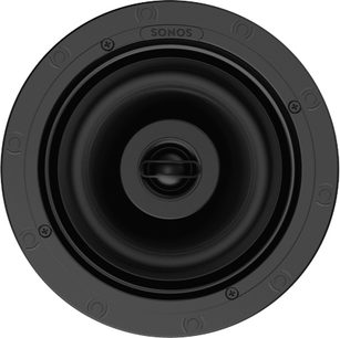 Sonos In Ceiling indbygningshøjttaler, frontvisning, rund sort højttaler med sort beskyttelsesgitter