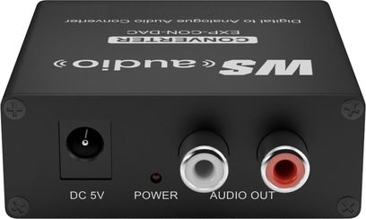 Wyrestorm EXP-CON-DAC sort audio DAC-konverter, front med DC 5V, strøm- og audio out-stik